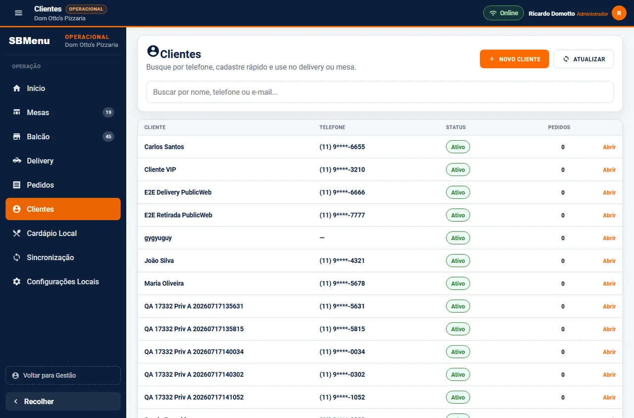 Cadastro de clientes do SBMenu com busca por telefone, status e novo cliente