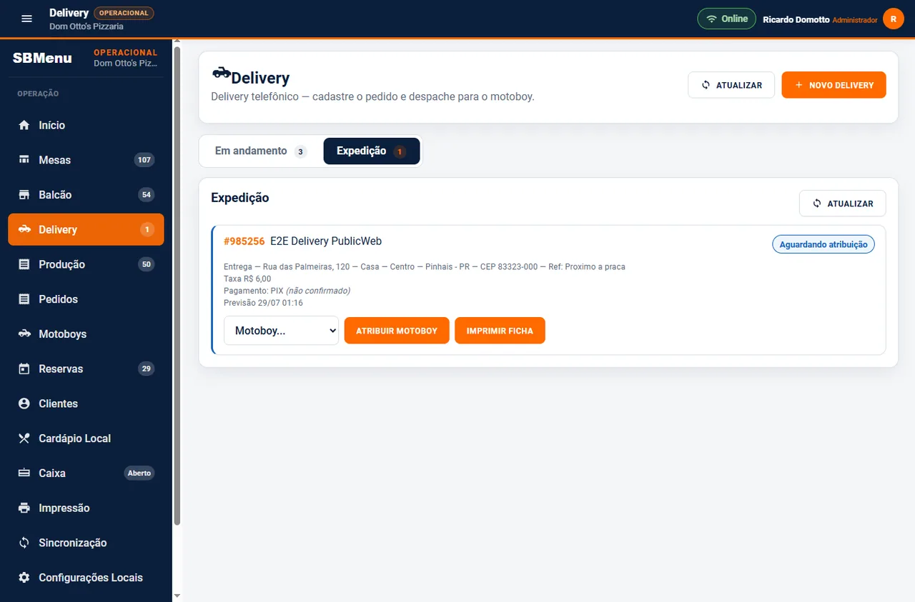 Expedição de delivery do SBMenu com endereço, taxa, motoboy e ficha de entrega