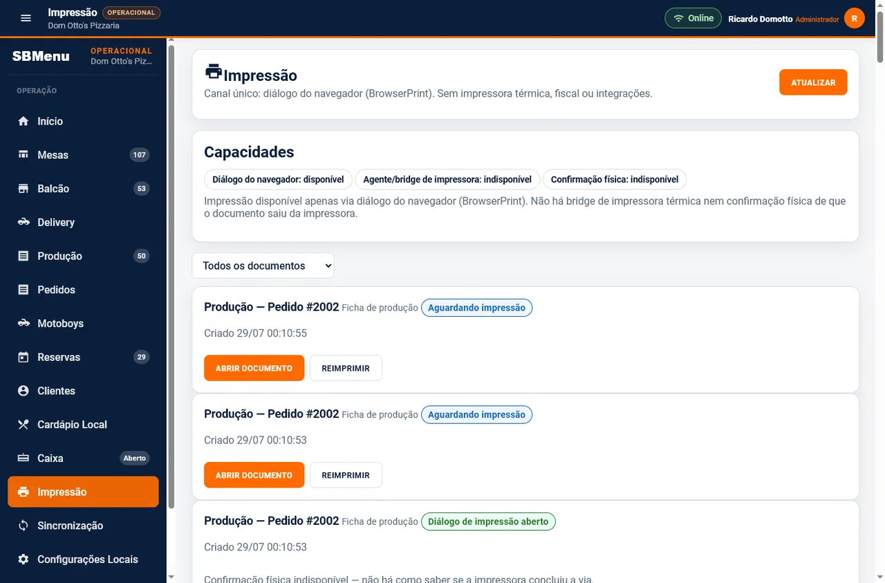 Tela de impressão operacional do SBMenu com fila de fichas de produção e reimpressão