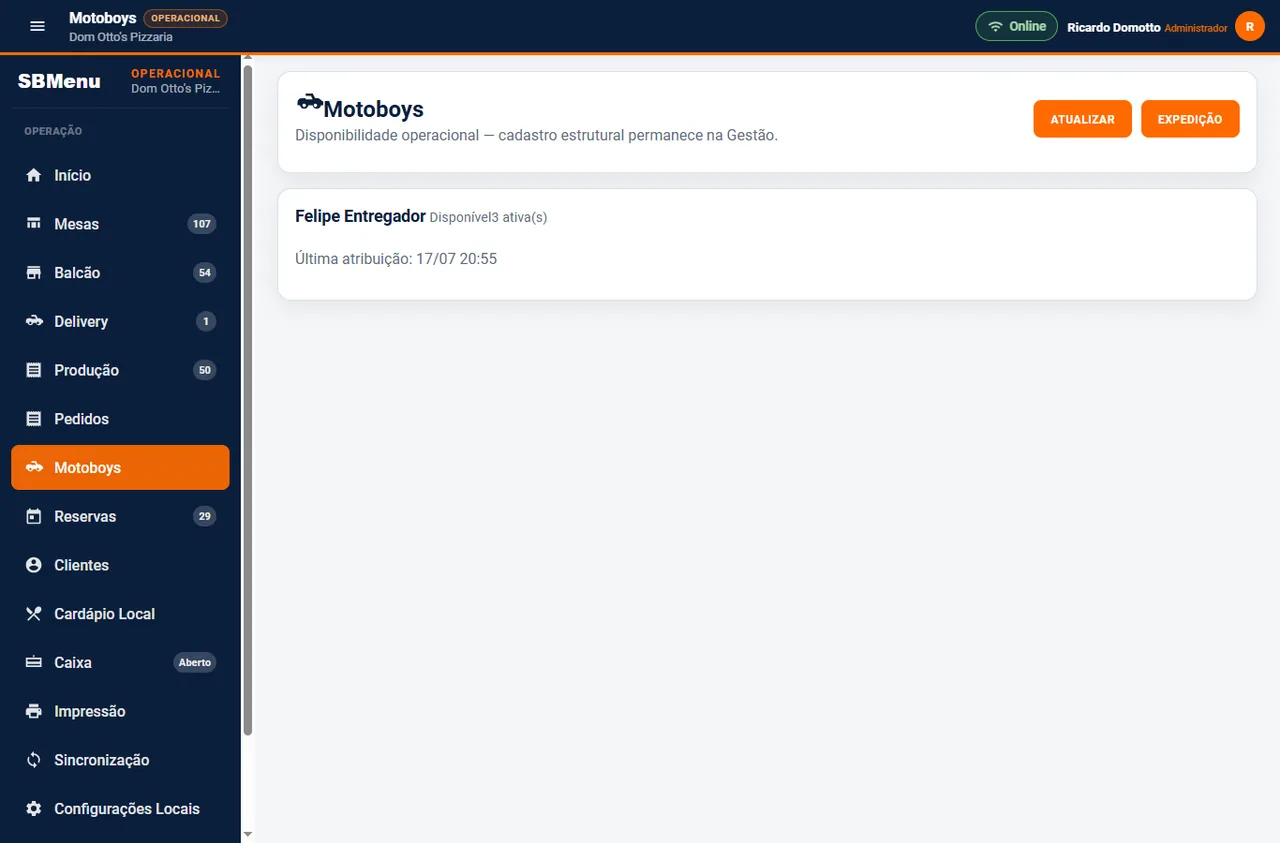 Painel de motoboys do SBMenu com disponibilidade, entregas ativas e acesso à expedição