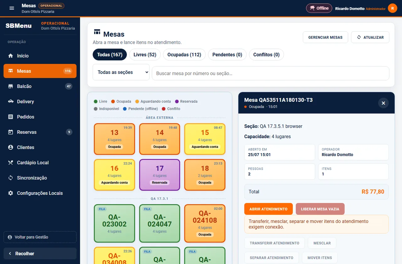 Painel operacional do SBMenu em modo offline, com indicador de conexão e mesas ainda operando