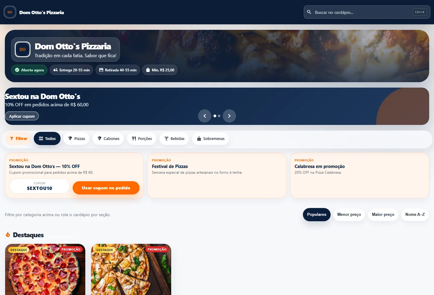 Cardápio digital do SBMenu com destaques, categorias e produtos com foto e preço