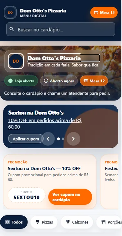 Menu digital por QR Code do SBMenu aberto no celular, mostrando categorias e produtos