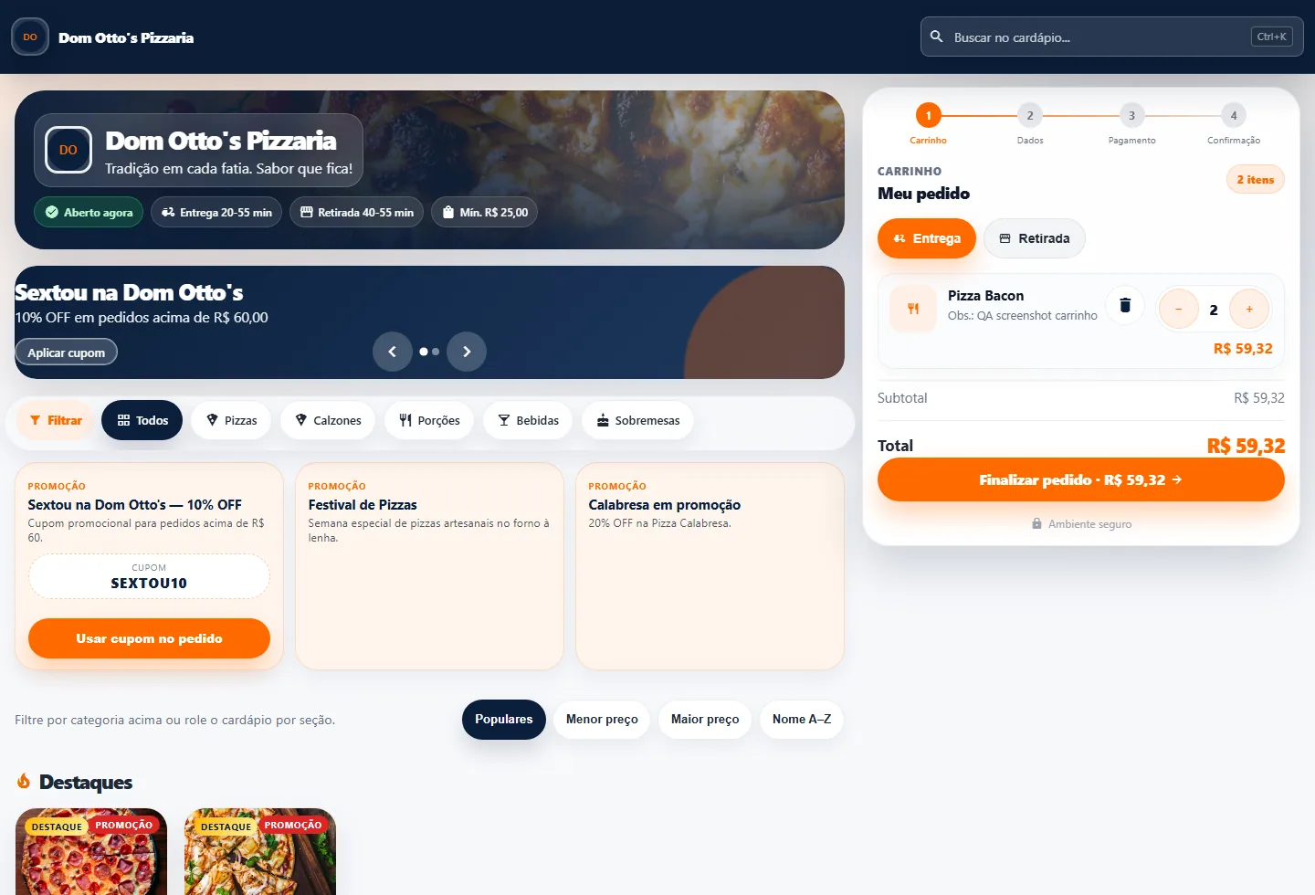 Cardápio digital do SBMenu com carrinho aberto, itens do pedido e botão para finalizar