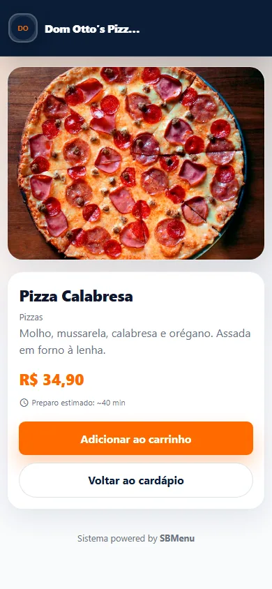 Cardápio digital do SBMenu no celular, com foto do produto, preço e botão de adicionar ao carrinho
